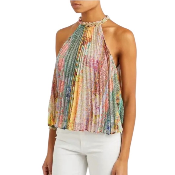 Alice + Olivia Alycia Printed Pleated Chiffon Top Halter Multicolor - Picture 2 of 13